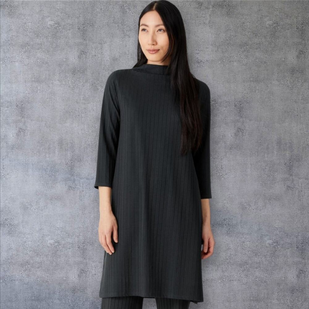 NEW Eileen Fisher Funnel Neck Ribbed Knit Dress Large Graphite Gray Capsule